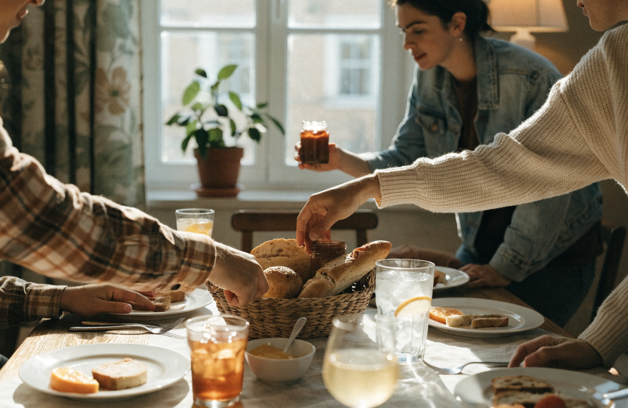 Friends sharing a warm brunch table and passing bread and spreads