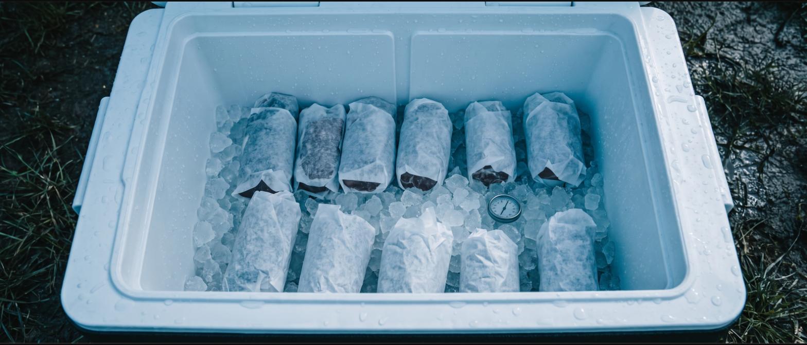 Wrapped packages of meat packed on crushed ice inside a cooler with a dial thermometer