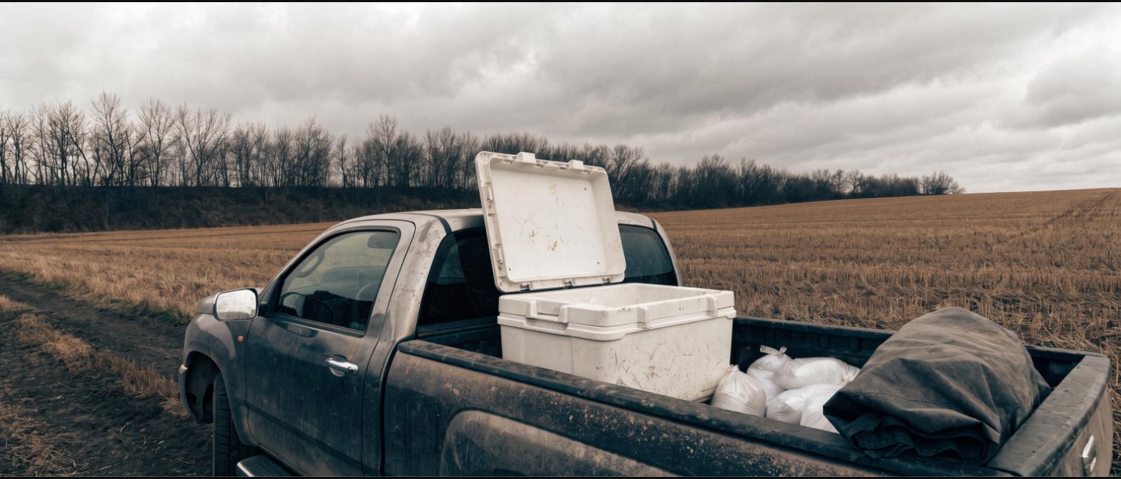 An open cooler and bags of ice in the bed of a pickup at the edge of a harvested field