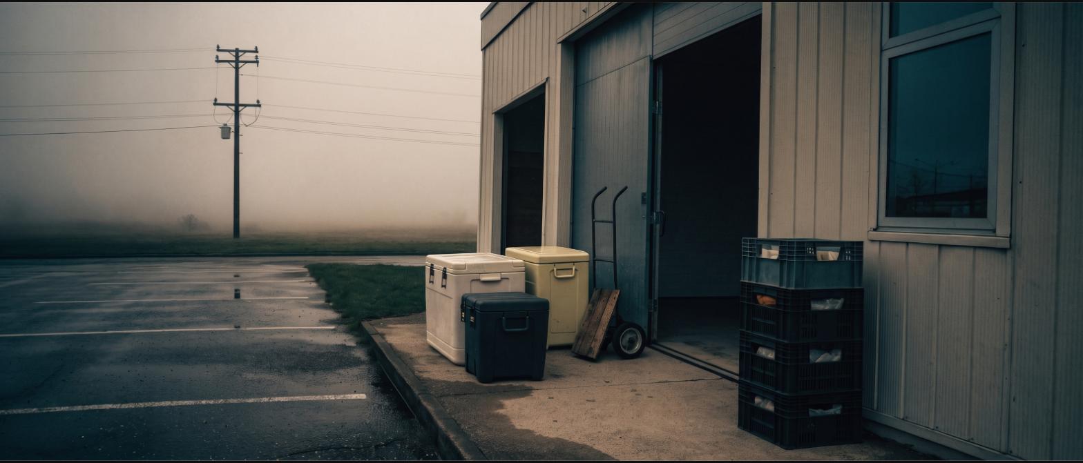 Three hard-sided coolers and a hand truck on the loading dock of a small community food pantry